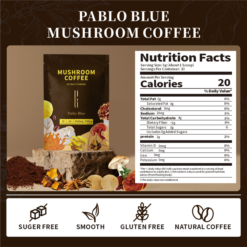 Pablo Blue Instant Mushroom Coffee with 10 Adaptogenic Mushrooms, 30 Servings