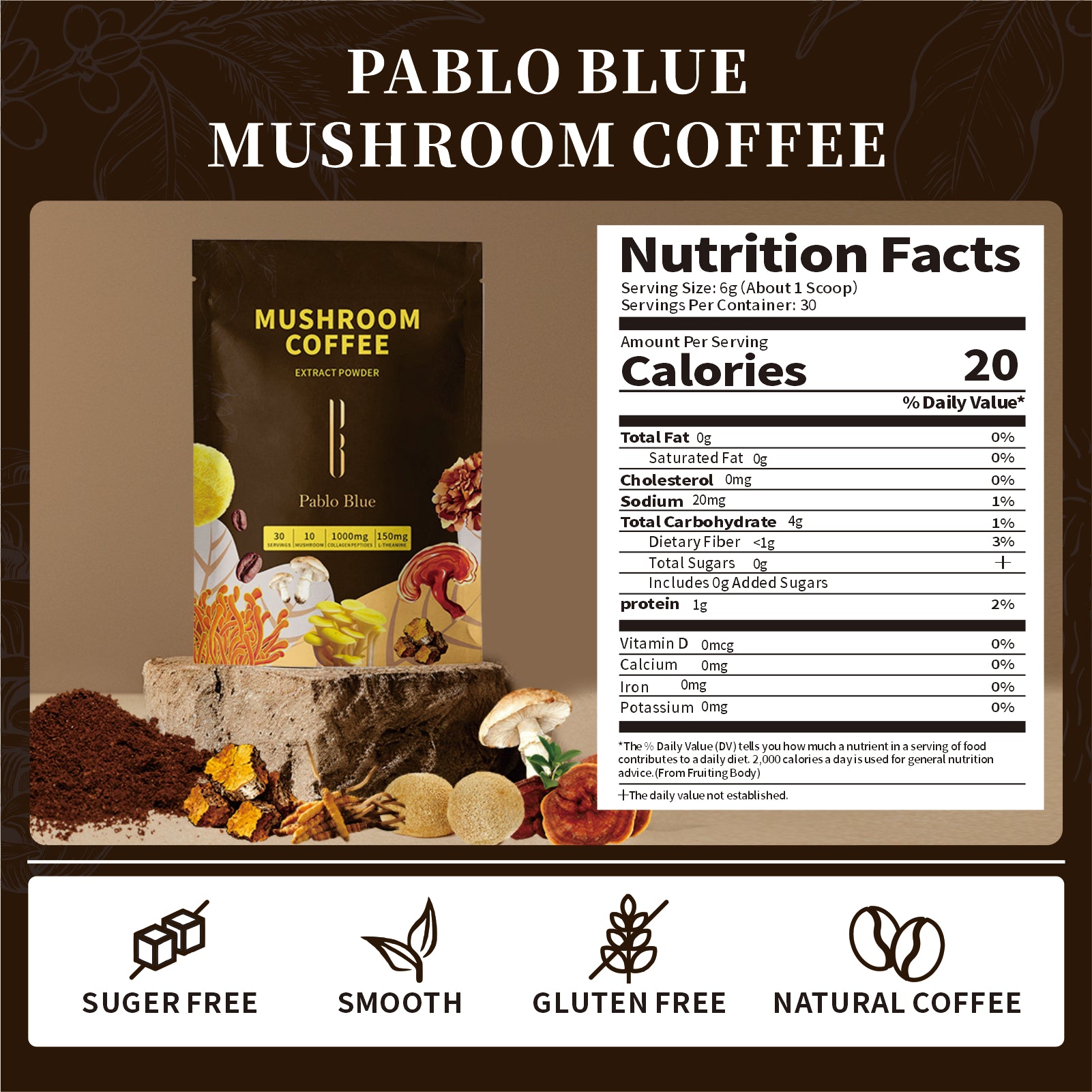 Pablo Blue Instant Mushroom Coffee with 10 Adaptogenic Mushrooms, 30 Servings