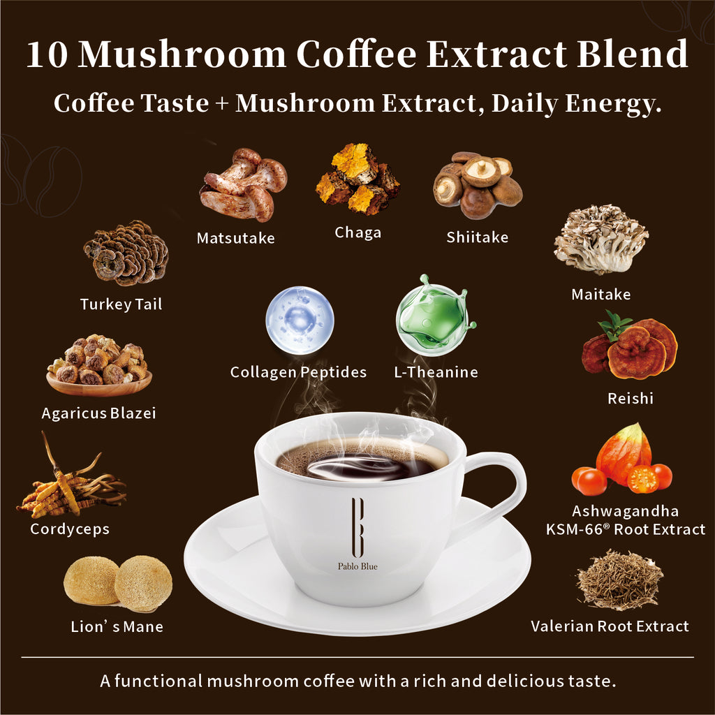 Pablo Blue Instant Mushroom Coffee with 10 Adaptogenic Mushrooms, 30 Servings