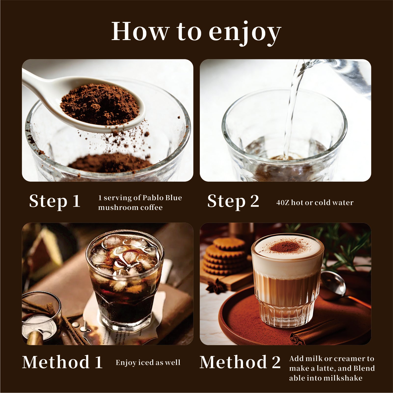 Pablo Blue Instant Mushroom Coffee with 10 Adaptogenic Mushrooms, 30 Servings