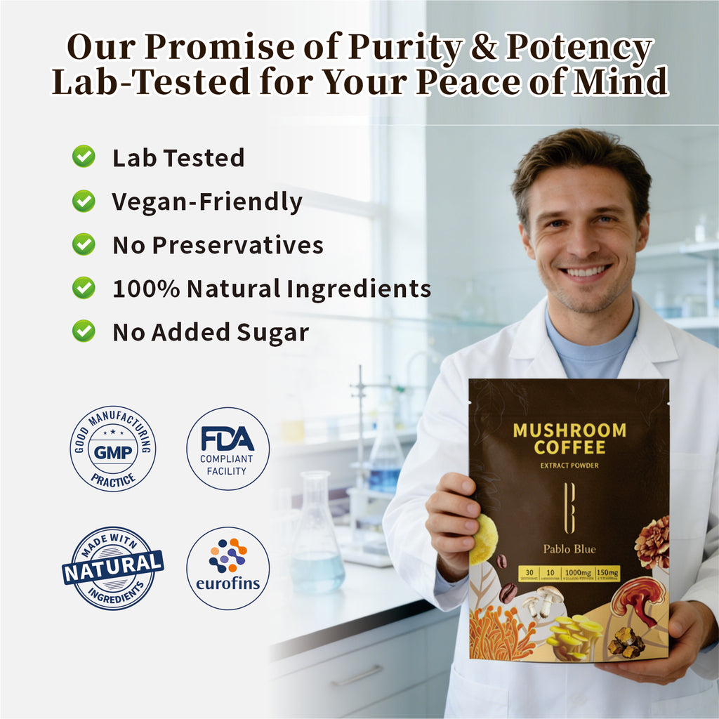 Pablo Blue Instant Mushroom Coffee with 10 Adaptogenic Mushrooms, 30 Servings