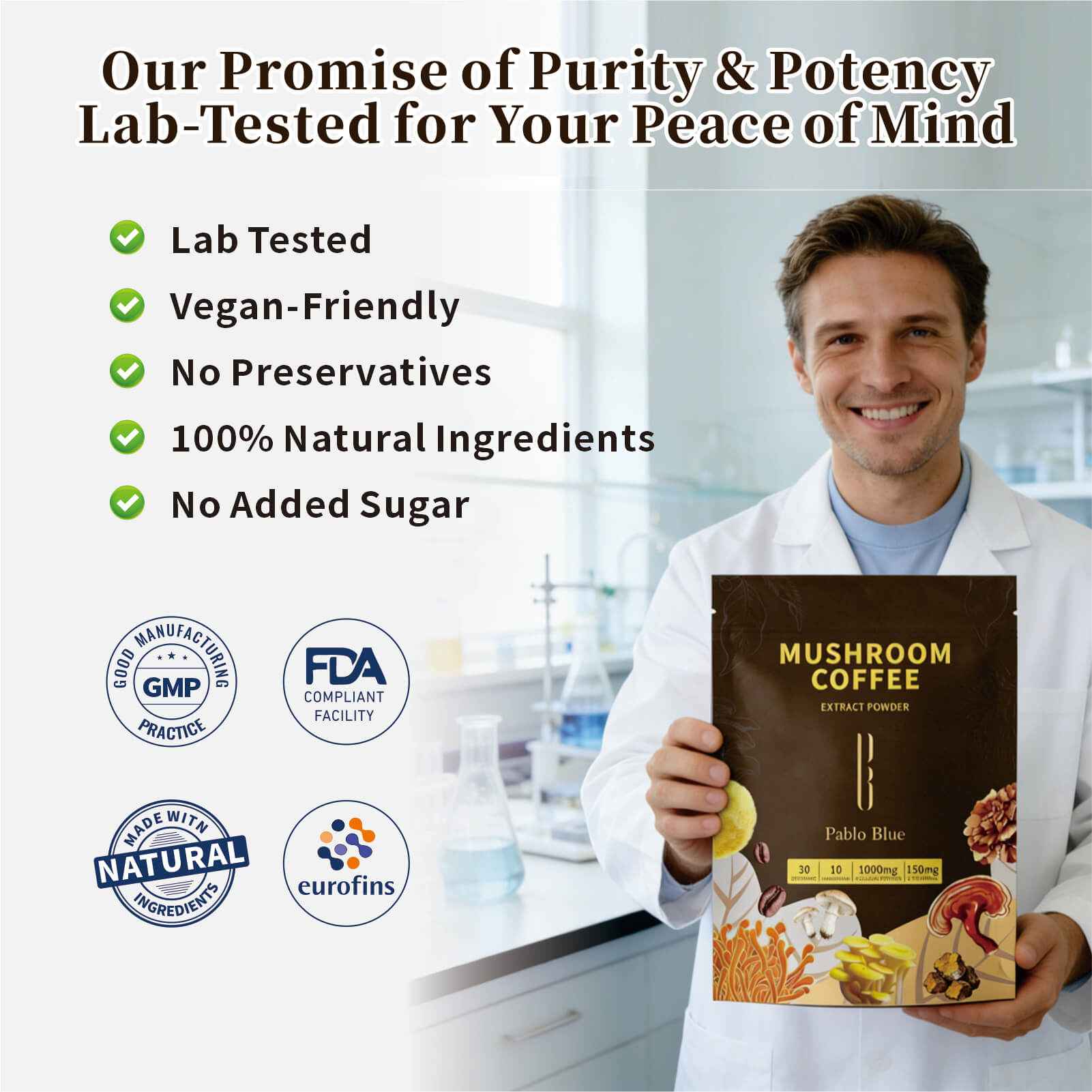 Pablo Blue Instant Mushroom Coffee with 10 Adaptogenic Mushrooms, 30 Servings